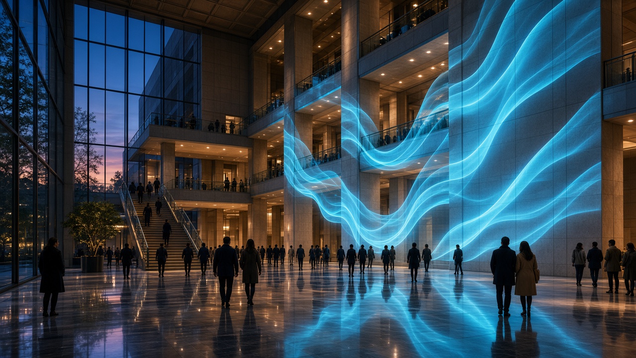 Concept mockup: institutional atrium with architectural projection mapping
